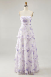 Lavender Flower A-line Backless Strapless Pleated Tiered Maxi Dress