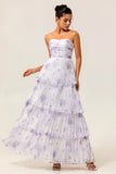 Lavender A-Line Sweetheart Tiered Pleated Print Floral Chiffon Maxi Dress