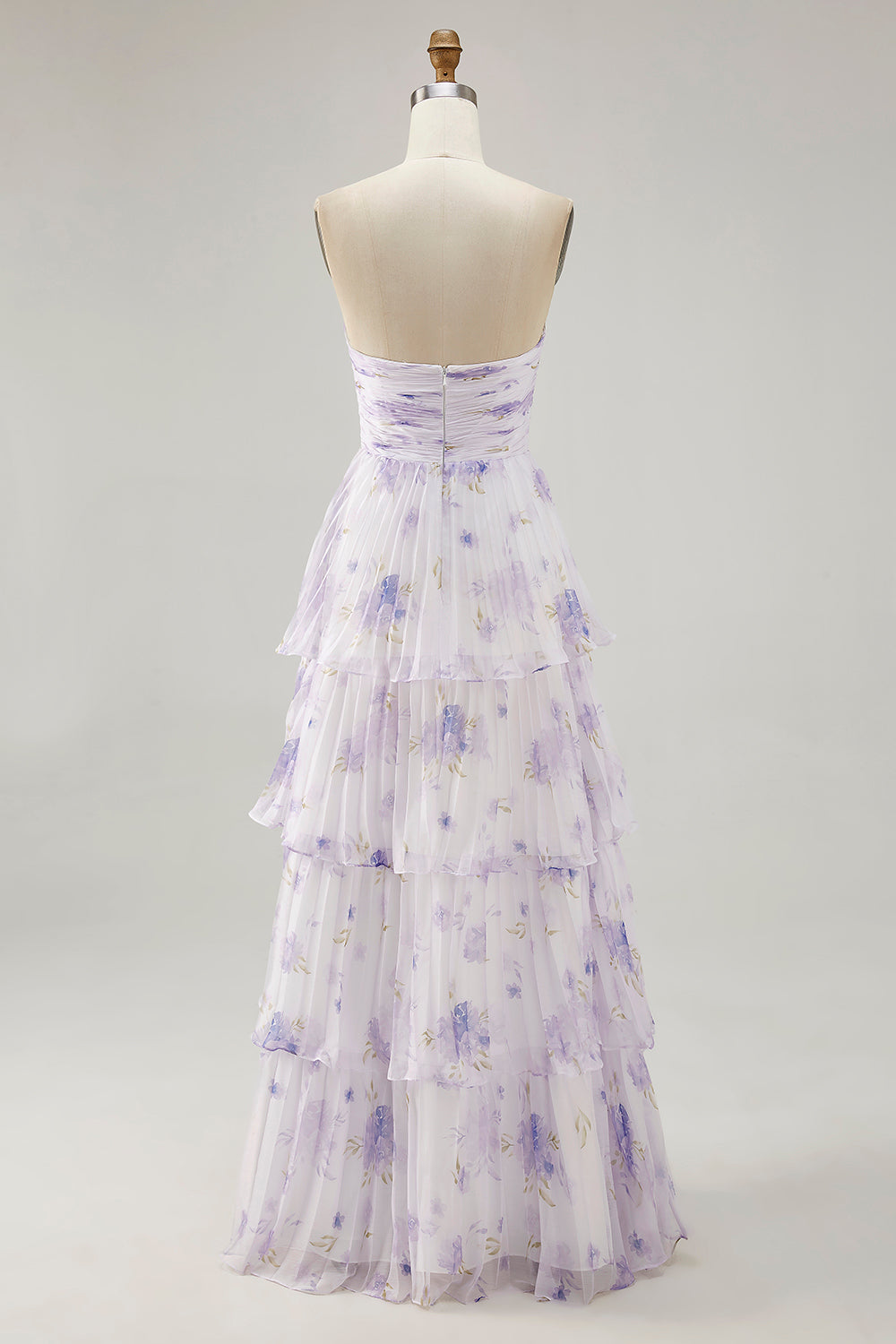 Wedtrend Women Lavender Flower Long Bridesmaid Dress A-line Tiered Chiffon Print Strapless Pleated Wedding Guest Dress, Lavender Flower / US20W