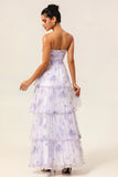 Lavender A-Line Sweetheart Tiered Pleated Print Floral Chiffon Maxi Dress