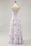 Lavender A-Line Sweetheart Tiered Pleated Print Floral Chiffon Maxi Dress