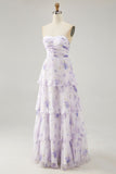 Lavender Flower A-line Backless Strapless Pleated Tiered Maxi Dress