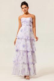 Lavender A-Line Sweetheart Tiered Pleated Print Floral Chiffon Maxi Dress