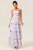 Lavender A-Line Sweetheart Tiered Pleated Print Floral Chiffon Maxi Dress
