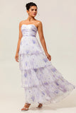Lavender A-Line Sweetheart Tiered Pleated Print Floral Chiffon Maxi Dress