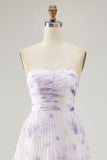 Lavender Flower A-line Backless Strapless Pleated Tiered Maxi Dress