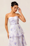 Lavender A-Line Sweetheart Tiered Pleated Print Floral Chiffon Maxi Dress