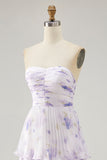 Lavender Flower A-line Backless Strapless Pleated Tiered Maxi Dress
