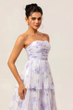 Lavender A-Line Sweetheart Tiered Pleated Print Floral Chiffon Maxi Dress