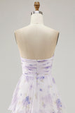 Lavender Flower A-line Backless Strapless Pleated Tiered Maxi Dress