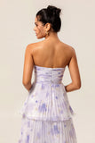 Lavender A-Line Sweetheart Tiered Pleated Print Floral Chiffon Maxi Dress