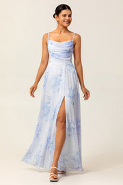 Blue A-Line Spaghetti Straps Print Floral Chiffon Maxi Bridesmaid Dress with Slit
