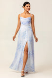 Blue A-Line Spaghetti Straps Print Floral Chiffon Maxi Bridesmaid Dress with Slit