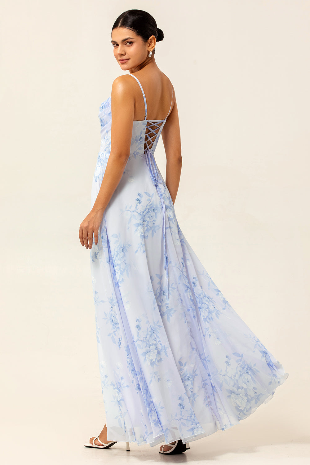 WEDTREND Women Blue Long Bridesmaid Dress with Slit A-Line Spaghetti Straps Print Floral Chiffon Wedding Guest Dress WEDTREND Women Blue Long Bridesmaid Dress with Slit A-Line Spaghetti Straps Print Floral Chiffon Wedding Guest Dress