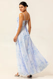 Blue A-Line Spaghetti Straps Print Floral Chiffon Maxi Bridesmaid Dress with Slit
