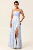 Blue A-Line Spaghetti Straps Print Floral Chiffon Maxi Bridesmaid Dress with Slit