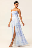 Blue A-Line Spaghetti Straps Print Floral Chiffon Maxi Bridesmaid Dress with Slit