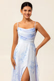 Blue A-Line Spaghetti Straps Print Floral Chiffon Maxi Bridesmaid Dress with Slit