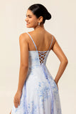 Blue A-Line Spaghetti Straps Print Floral Chiffon Maxi Bridesmaid Dress with Slit