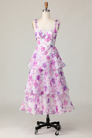 Purple Flower A Line Tiered Print Midi Wedding Guest Dress with Lace Up Back