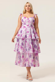 Purple Flower A-Line Lace Up Back Tiered Print Midi Plus Size Dress with Straps Bows