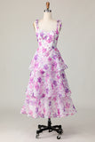 Purple Flower A-Line Lace Up Back Tiered Print Midi Dress with Straps Bows