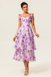 Purple Flower A-Line Lace Up Back Tiered Print Midi Dress with Straps Bows
