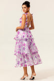 Purple Flower A-Line Lace Up Back Tiered Print Midi Dress with Straps Bows