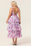 Purple Flower A-Line Lace Up Back Tiered Print Midi Plus Size Dress with Straps Bows
