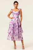 Purple Flower A Line Tiered Print Midi Wedding Guest Dress with Lace Up Back