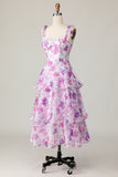 Purple Flower A Line Tiered Print Midi Wedding Guest Dress with Lace Up Back