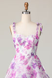Purple Flower A Line Tiered Print Midi Wedding Guest Dress with Lace Up Back