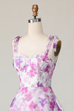 Purple Flower A Line Tiered Print Midi Wedding Guest Dress with Lace Up Back