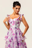 Purple Flower A-Line Lace Up Back Tiered Print Midi Dress with Straps Bows