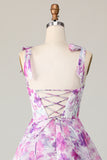Purple Flower A Line Tiered Print Midi Wedding Guest Dress with Lace Up Back
