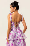 Purple Flower A-Line Lace Up Back Tiered Print Midi Dress with Straps Bows