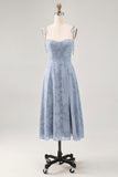 Floral Burnout Dusty Blue A Line Spaghetti Straps Wedding Guest Dress with Slit