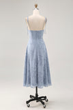 Floral Burnout Dusty Blue A Line Spaghetti Straps Wedding Guest Dress with Slit