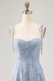 Floral Burnout Dusty Blue A Line Spaghetti Straps Wedding Guest Dress with Slit