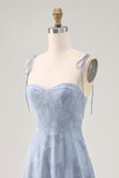 Floral Burnout Dusty Blue A Line Spaghetti Straps Wedding Guest Dress with Slit