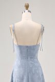 Floral Burnout Dusty Blue A Line Spaghetti Straps Wedding Guest Dress with Slit