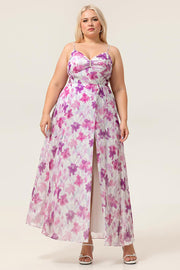 Purple Flower A-Line Front Knot Print Maxi Plus Size Bridesmaid Dress with Slit