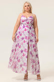 Purple Flower A-Line Front Knot Print Maxi Plus Size Bridesmaid Dress with Slit