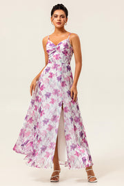Purple Flower A-Line Spaghetti Straps Front Knot Print Maxi Bridesmaid Dress with Slit