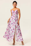 Purple Flower A-Line Spaghetti Straps Front Knot Print Maxi Bridesmaid Dress with Slit