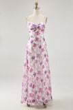 Purple Flower A-Line Spaghetti Straps Front Knot Print Maxi Bridesmaid Dress with Slit