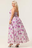 Purple Flower A-Line Front Knot Print Maxi Plus Size Bridesmaid Dress with Slit