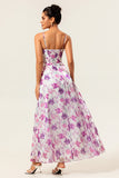 Purple Flower A-Line Spaghetti Straps Front Knot Print Maxi Bridesmaid Dress with Slit