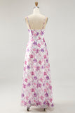 Purple Flower A-Line Spaghetti Straps Front Knot Print Maxi Bridesmaid Dress with Slit