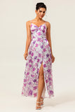 Purple Flower A-Line Spaghetti Straps Front Knot Print Maxi Bridesmaid Dress with Slit
